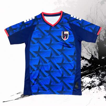 26-27 Cape Verde National Team Home Jersey Without Number, Blue Base With Dark Star Pattern, Red And Blue V-Neck, Quick-Drying And Breathable,