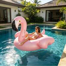 1pc Classic Pink Flamingo Inflatable Float, Thickened PVC Heavy Duty Ride-On Style With Stable Base, Summer Outdoor Prop - Pink - View 4