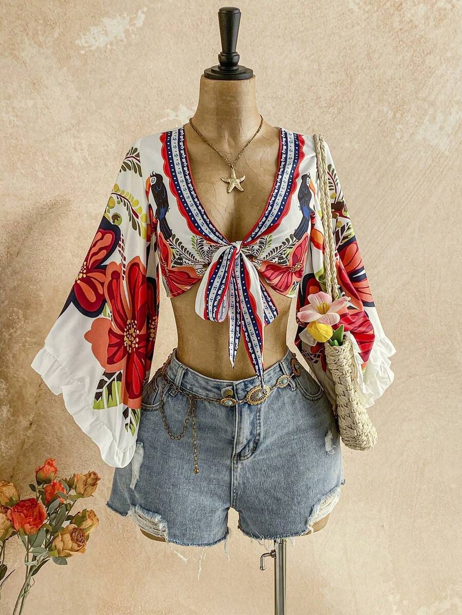 Blusa casual de vacaciones con abertura frontal,, manga campana, puño con volantes y estampado de leopardo - Multicolor 6 - Ver 1