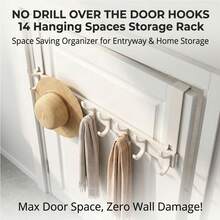 7 Hook Over The Door Hanger, 14 Hanging Spots, Fits 1.75 Inch Door, No Screw No Drill Metal Coat Rack, Towel Holder For Bathroom, Hat Organizer For Bedroom, Rust Resistant - View 10