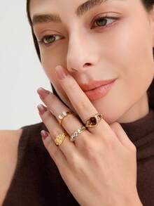Ashenrae 4pcs/Set Retro Colorful Resin Rings Set For Women, Daily Wear - Multicolor - View 3