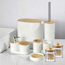 10 Piece Bamboo Covered Bathroom Accessory Set, Including Toilet Brush, Trash Can, Soap Pan, Soap Dispenser, Roller, Toothbrush Holder, Cotton Swab Box, Tray, Hotel, Bathroom, Family And Friends Gifts, Home Gifts, Bathroom Accessories - Multicolor - View 14