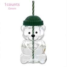 Tasse en verre vintage motif ours mignon – Gobelet ours en peluche avec couvercle en forme de chapeau et paille rayée pour café et boissons froides - défaut - Voir 10