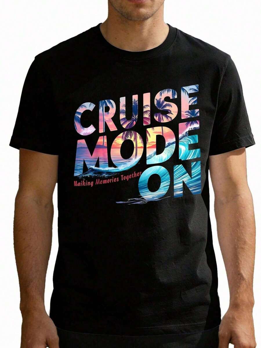 Clothing For Teenage Girls, Cotton T-Shirt, T-Shirts For Children, Men's T-Shirt, T-Shirt With The Phrase "Cruise Mode On Making Memories Together Family Cruise", Relaxed T-Shirt - 黑色 - 查看 1