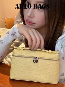 Sac à main mini jaune à la mode en forme de boîte avec poignée fine et double fermeture éclair métallique, sac bandoulière élégant pour le maquillage, parfait pour les jeunes femmes et les passionnées de rendez-vous, idéal pour les rendez-vous café, les événements de mariage, les achats du week-end et les promenades de loisirs en ville - Jaune citron - Voir 2