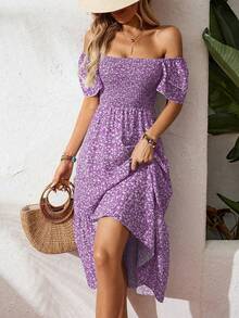 New Cross-Border Success In Europe And America: Long Floral Dress With Square Neck And Puff Sleeves. - Green - View 10
