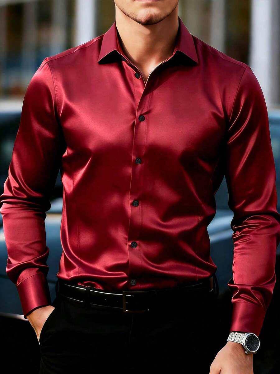 Manfinity AFTRDRK Textured Long-Sleeved Shirt, Satin Green, Luxurious. Ideal For Everyday Wear, Travel, Outdoor Activities, Relaxed Work, Or Semi-Formal Occasions. Gift For Boyfriend/Husband: Anniversary, Birthday, Party, Etc. - 紅色 - 查看 1