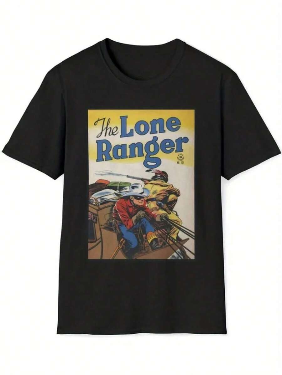 Men's Black 147 Lone Ranger T-Shirt, 1 Cotton Western Comic Graphic Tee - Black - View 1