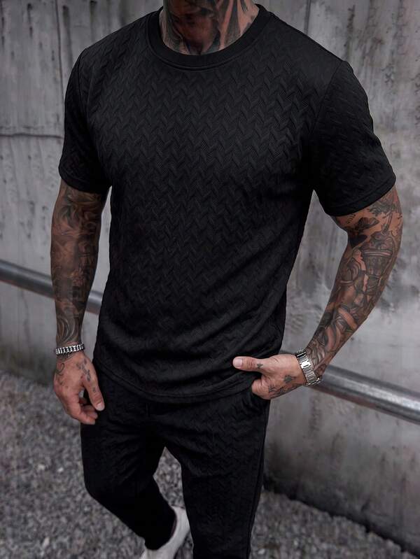 New Black 3D Herringbone Wheat Jacquard Round Neck Short Sleeve T-Shirt & Drawstring Straight Leg Pants Men's Minimalist Relaxed Casual 2-Piece Set