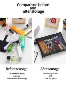 「All My Hair Stuff」印花透明網格收納袋，便攜式網格化妝包、盥洗用品收納袋、旅行化妝包、透明髮飾美容收納袋，度假必備海灘收納用品；適用返校、寄宿學校、週末度假與日常通勤收納袋；可折疊輕便化妝包，適合商務出差與便攜隨身包，小化妝包、化妝品收納盒、大容量收納袋，創意女性禮物，返校季 - 彩色 - 查看 11