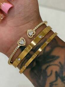 /piezas de pulsera de acero inoxidable chapada en oro de con corazóde diamantes de imitació, brazalete abierto con incrustaciones de cobre y circonita artificial, conjunto de pulse - Oro 3 - Ver 7