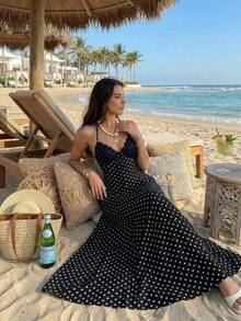 Vestido para mujer con estampado de lunares negros, patchwork de encaje, cuello en V, cuello halter, espalda abierta con lazo, cintura ceñi - Albaricoque - Ver 9