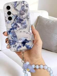 Creative Cool Water Ripple Butterfly With Beads & Flowers Short Wrist Strap Wave-Shaped Screen Edge Protection Phone Case Compatible With Apple 7/8/X/XR/XSMAX/11/12/13/14/15/16/17Promax Compatible With Samsung A14/A15/A16/A17/A04/A05/A06/A07/A54/A55/A56/A57/A34/A35A/36/A37/S26/S26Plus/S26Ultra Compatible With Transsion SMART7/8/9/10 - Clear - View 3