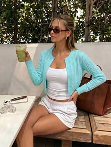 Women's Hollow Knit Short Cardigan, Lightweight Button Front Long Sleeve Round Neck Short Knit Sweater, Suitable For Spring, Summer, Autumn Daily Street Wear - Cadet Blue - View 4