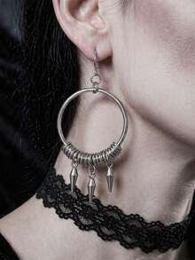 2 piezas Pendientes góticos y punk con círculo geométrico y cono de remache plateado, adecuados para hombres y mujeres, uso diario, fiesta, salida, hip-hop callejero, actuación, festival de música - Plateado - Ver 10