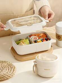 1pc Beige Lunch Box, Beige Oatmeal Cup, Grey Lunch Bag - Multicolor - View 3