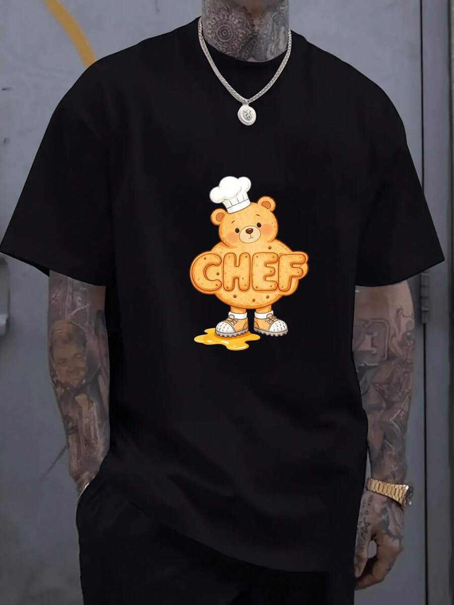 Camiseta con estampado de oso chef y galleta, manga corta, cuello redondo, camiseta casual, diseño bonito para atuendo casual, lavable a máquina, ajuste para toda temporada - Negro - Ver 1