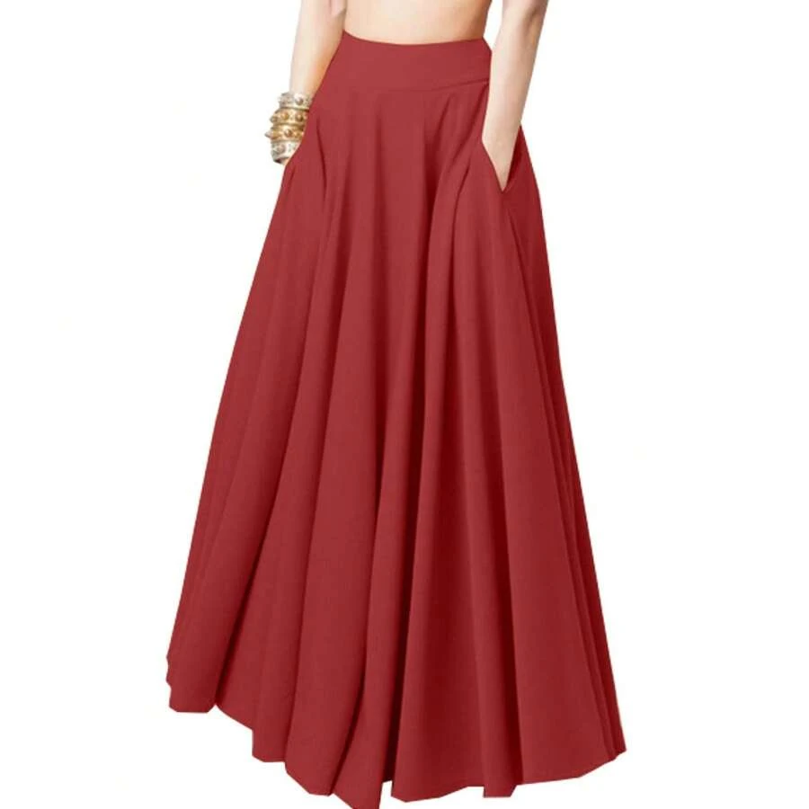 Spring 2026, Women's Plus Size Solid Color Pleated Maxi Skirt, European And American Style, With Elastic Waist - 紅色 - 查看 1