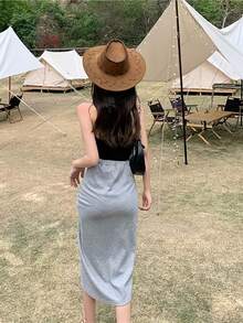 Falda ajustada de cintura alta en negro sólido para mujer, con cordón ajustable, abertura lateral, tela suave, para todas las estaciones, casual, de oficina, formal, elegante y versátil. - Negro - Ver 8