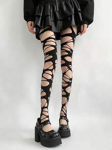 1 Pair Y2K Distressed Punk Style Ripped Dark Fishnet Stockings, Gothic Niche Fishnet Socks - Black - View 7