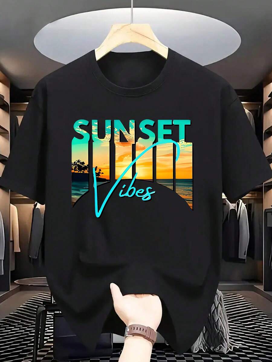 Camiseta Casual con Estampado Estilo Atardecer para Hombre de Under The Radar| Talla grande, corte holgado, manga corta, cuello redondo, perfecto para ropa de playa de verano - Camiseta unis - Negro - Ver 1