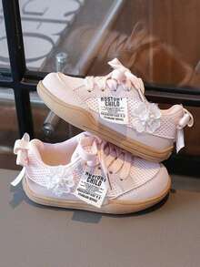 1 Pair Infant Princess Style Mesh Casual Shoes, Soft Rubber Non-Slip Sole, Lace Decor Baby Girl Spring/Summer Daily Walking Shoes - Pink - View 1