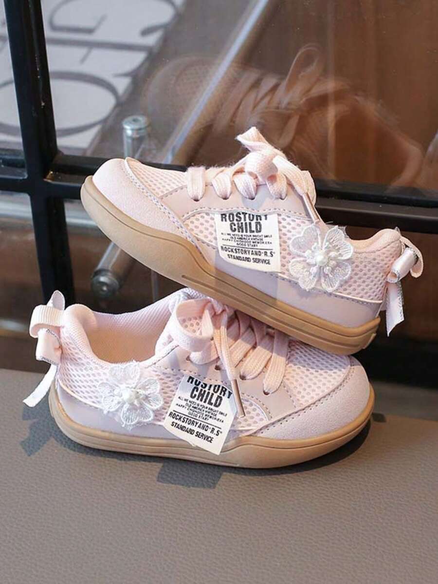 1 Pair Infant Princess Style Mesh Casual Shoes, Soft Rubber Non-Slip Sole, Lace Decor Baby Girl Spring/Summer Daily Walking Shoes - Pink - View 1