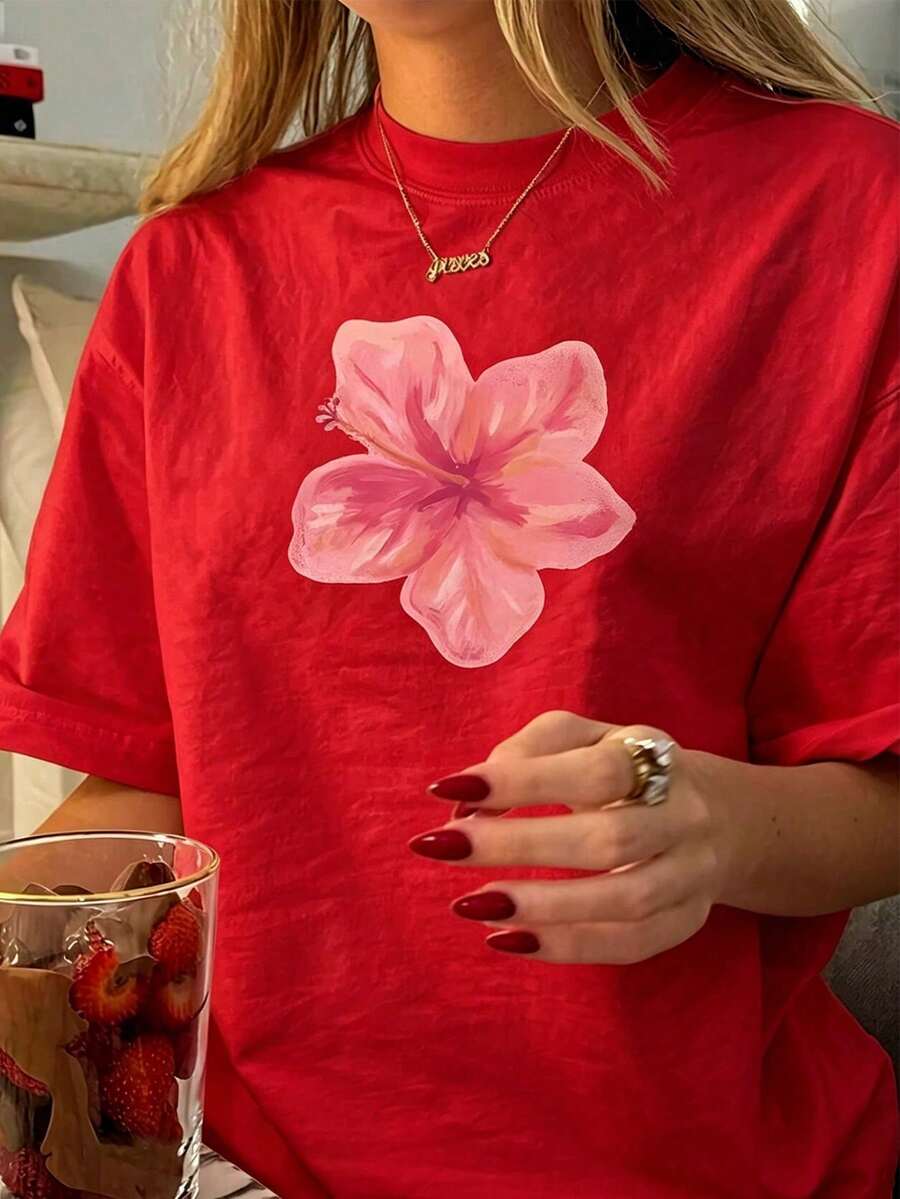 Women's Short-Sleeved T-Shirt With Round Neck And Retro Floral Print, 100% Cotton, Soft Pink, Hawaiian Cut, Lightweight And Breathable, Ideal For Beach, Office And Everyday Wear. - 紅色 - 查看 1