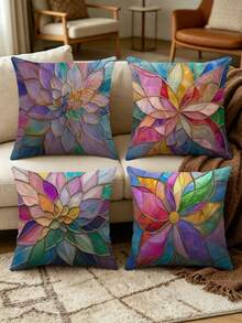 4pcs Colorful Stained Glass Lotus & Dahlia Print Pillow Covers, Art Nouveau Gold Line Mosaic Art Square Decorative Cushion Covers, Suitable For Living Room, Bedroom, Wedding, Bridal Shower, Housewarming, All-Season Home Decor - Multicolor - View 8