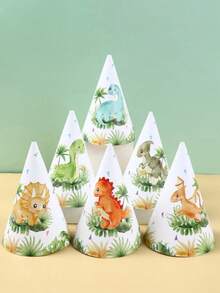 6pcs Dinosaur Cone Birthday Party Hats, Paper Hats With Elastic Band, Suitable For Toddler 1st Birthday, Baby Party, Dinosaur Theme Party Supplies, Jungle Dinosaur Animal Theme Birthday Party Supplies, Birthday Party Hats - Multicolor - View 1