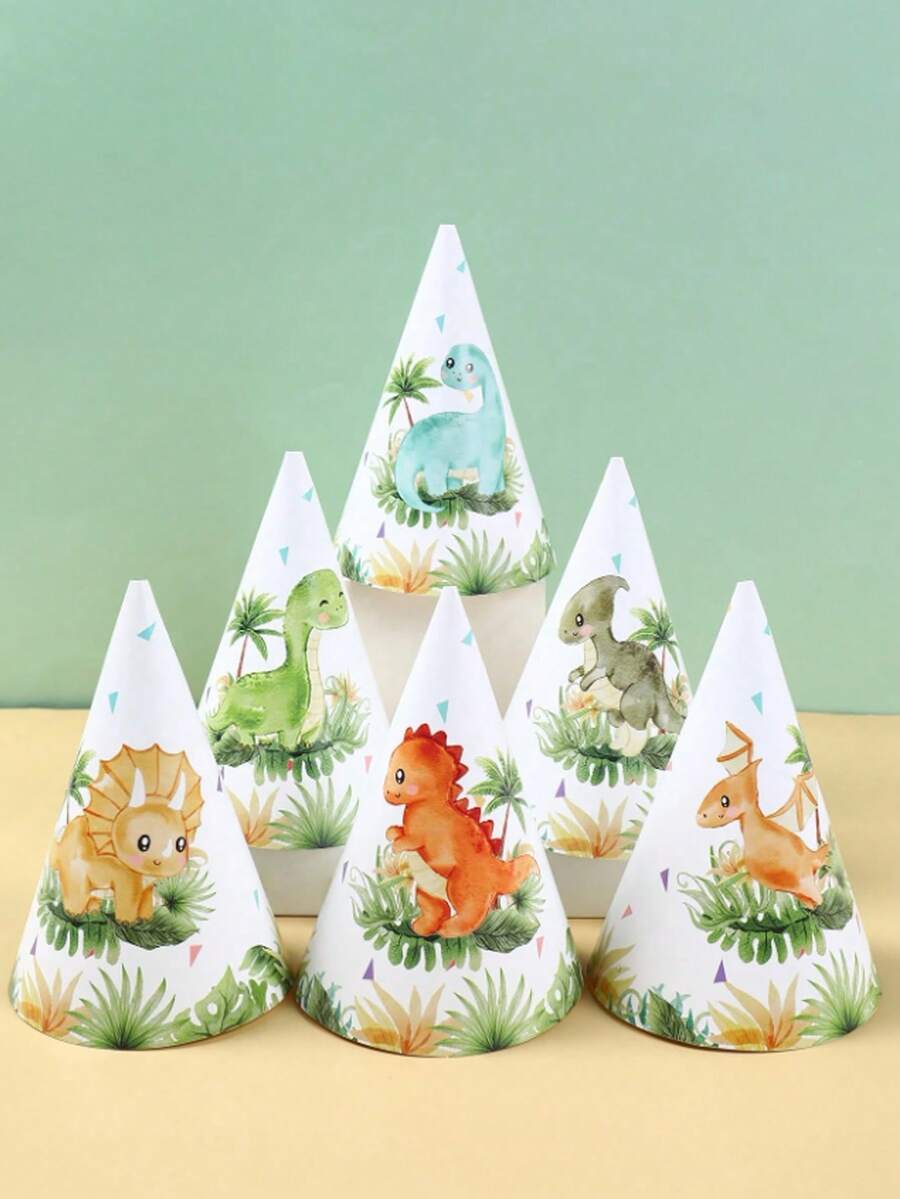 6pcs Dinosaur Cone Birthday Party Hats, Paper Hats With Elastic Band, Suitable For Toddler 1st Birthday, Baby Party, Dinosaur Theme Party Supplies, Jungle Dinosaur Animal Theme Birthday Party Supplies, Birthday Party Hats - Multicolor - View 1