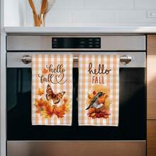 2pcs Autumn Theme Orange Plaid Butterfly Maple Leaf Robin Pattern Kitchen Towels, Rectangular Microfiber Kitchen Towels, Dish Cloths, Scouring Pads, Hand Towels, Cooking Baking Tea Towels, Kitchen Decor, Housewarming Gifts, Birthday Gifts, Bathroom Cleaning Wipes, Decorative Towels - Multicolor - View 5