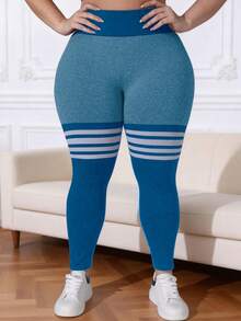 Plus Size Women's Colorblock Striped Yoga Pants, Seamless, High Waist, Abdomen Shaping, Butt Lifting, High Elasticity, Fitness Workout Running Sports - 漫遊藍 - 查看 2