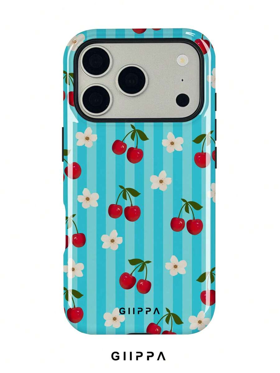 GIIPPA 1pc Teal Striped Background With Cherry And Floral Pattern Design, Phone 17 Pro Max Phone Case, Compatible With Phone 16 Pro Max, 15 Pro Max, 14 Pro Max, Korean-Style High-End Fashion Fun Phone Case, Compatible With 11/12/13/14/15/131 Pro Max Plus, Elegant Design Suitable For Men And Women, Perfect Gift For Girlfriend On Christmas, Valentine's Day, Easter, Wedding Season And Birthday! - Cadet Blue - View 1