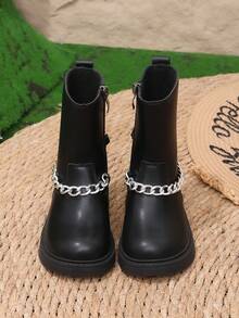 1 Pair Girls' Flat Round Toe Rhinestone Fashion Versatile Mid-Calf Boots, Comfortable Chain Boots - Black - View 6