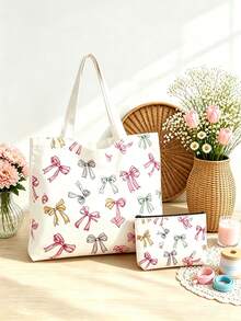2 piezas/1 set Bolso de mano estampado, diseño colorido. Bolso de hombro de moda, bolso de mano, bolsa de compras, adecuado para compras, oficina, vacaciones, uso diario - Multicolor - Ver 4