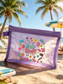 Cute Hair Stuff Cartoon Print Mesh Storage Bag, 6 Colors & Multiple Styles Available, Transparent Mesh Design For Easy Visibility Of Hair Ties, Hair Clips, Combs, Bangs Stickers And Other Hair Accessories, No Need To Search,Back To School - Multicolor - View 2