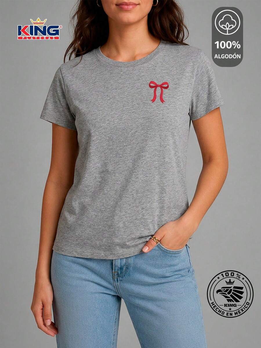 SHENDY VENDY Women's T-Shirt 100% Cotton, Short Sleeve, Round Neck, Soft And Comfortable T-Shirt, Minimalist Red Bow Print - 淺灰色 - 查看 1