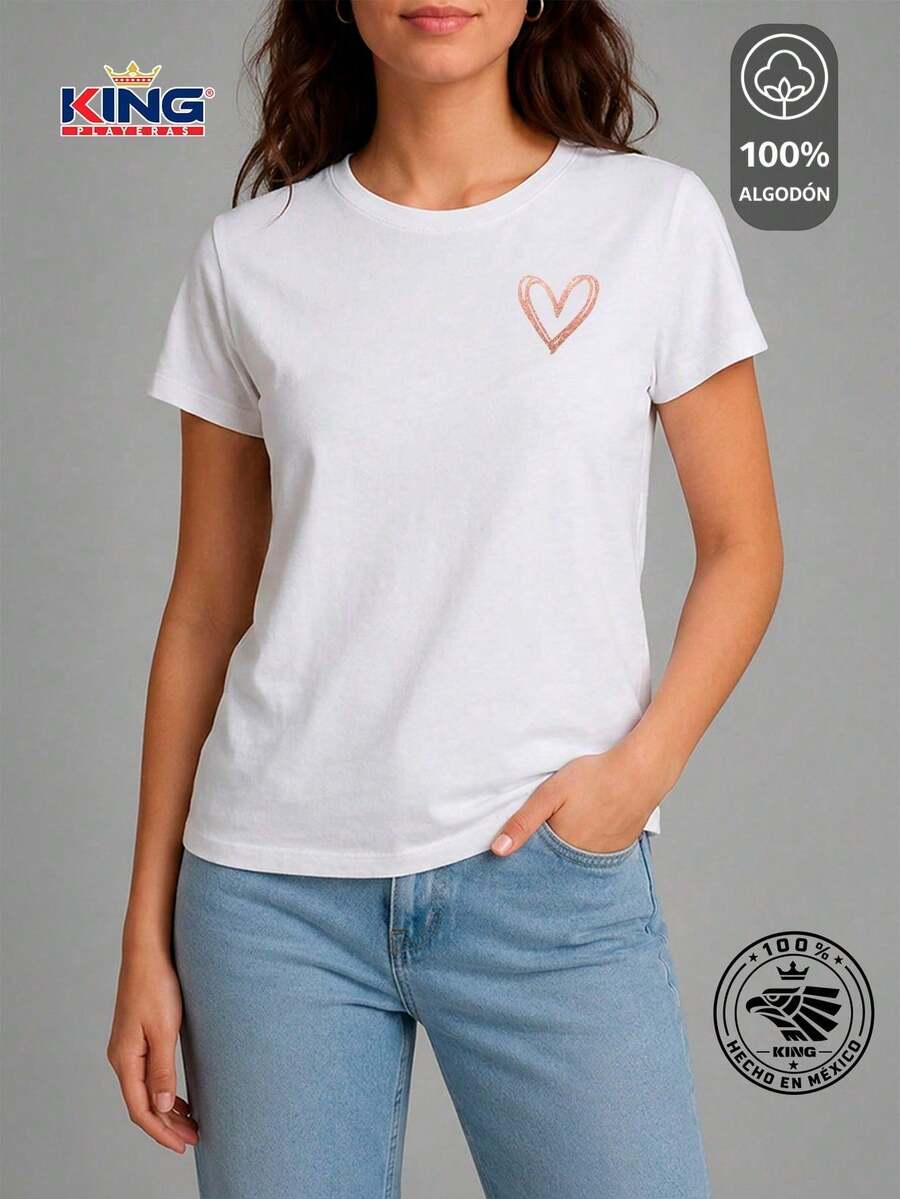 SHENDY VENDY Women's T-Shirt 100% Cotton, Short Sleeve, Round Neck, Soft And Comfortable T-Shirt, Minimalist Heart Print - 白色 - 查看 1