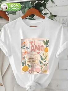 Top casual de manga corta con cuello redondo y estampado de letras para mujer, blanco de verano - Blanco - Ver 1