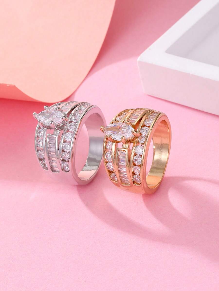 1pc Fashion Cubic Zirconia Multi-Layer Stackable Ring For Women, Rectangular And Round Micro-Inlaid Wide Band, Gold And Silver Plated Luxury Wedding Engagement Jewelry Gift - Horse Eye - View 1