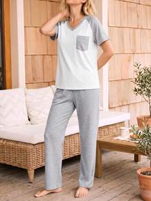Women's Casual Colorblock Raglan Sleeve Patch Pocket Design V-Neck Pullover T-Shirt Short Sleeve Long Pants Pajama Set - Multicolor - View 3