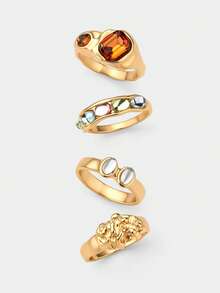 Ashenrae 4pcs/Set Retro Colorful Resin Rings Set For Women, Daily Wear - Multicolor - View 1