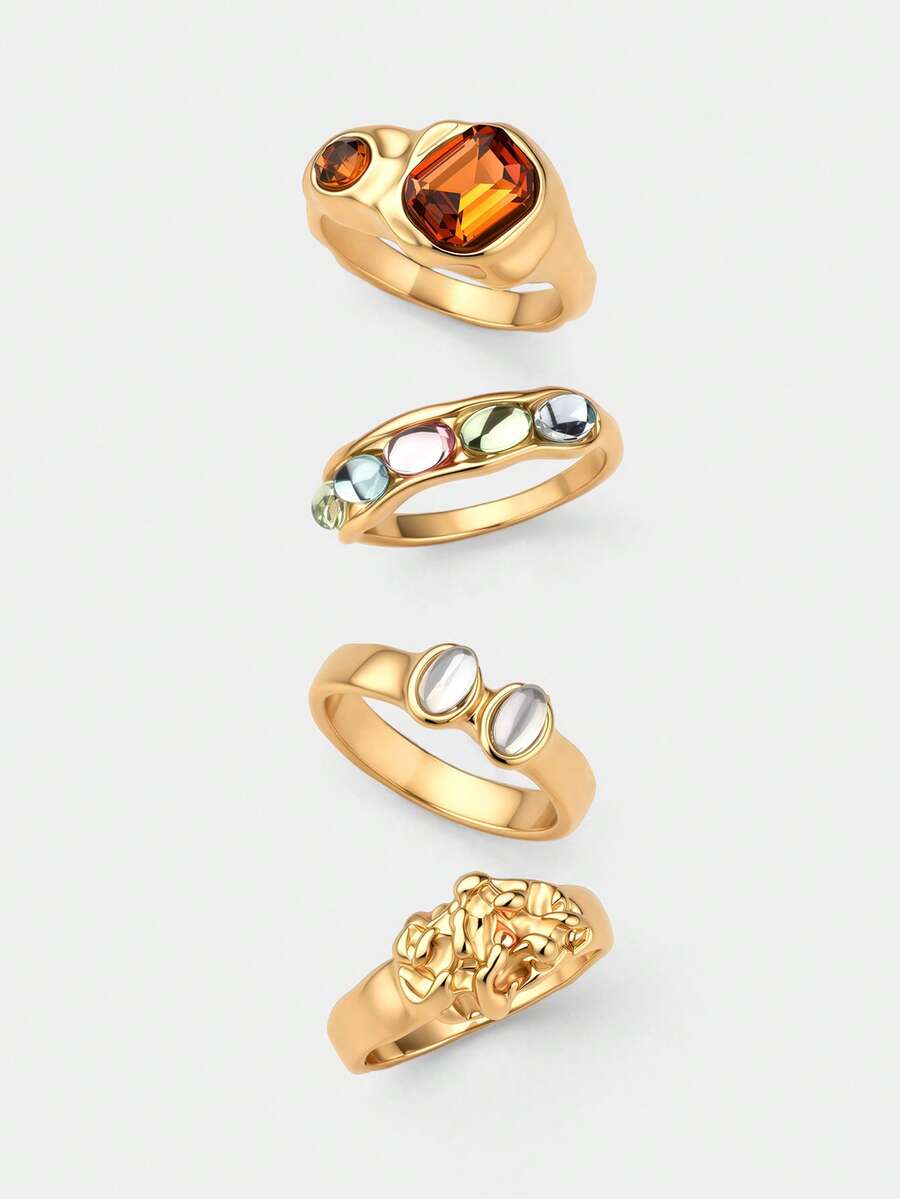 Ashenrae 4pcs/Set Retro Colorful Resin Rings Set For Women, Daily Wear - Multicolor - View 1