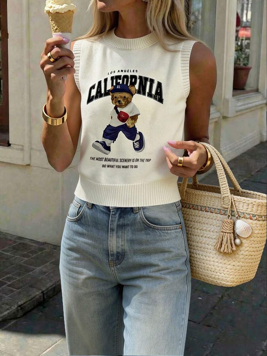 大尺碼女款春夏新款圓領背心熊圖案印花白色夏季T恤，簡約時尚，適合通勤，夏季女上衣