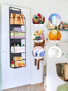 1pc Dark Grey 4-Tier Over The Door Hanging Storage Organizer With Black Edge, PVC Clear Pocket Fabric Wall Hanging Bag, Large Capacity Cabinet Door Storage Rack For Kitchen Pantry, Bedroom Closet & Bathroom Sundries Storage - Dark Grey - View 3