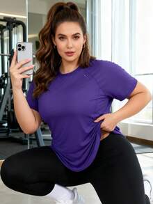 Plus Size Women Purple Raglan Sleeve Short Fitness Top Summer Sports - Violet Purple - View 8