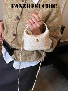 Bolsa de Mão de PU Acolchoada com Diamante Branco Puro, Fecho de Metal Redondo de Camélia, Alça de Ombro com Corrente Longa de Metal Destacável, Tecido Macio Amigável à Pele e Durável, Adequada para Estudantes Universitários, Mulheres de Escritório em Deslocamento, Compras, Encontros Noturnos, Viagens Curtas de Fim de Semana - Branco - Visão 1