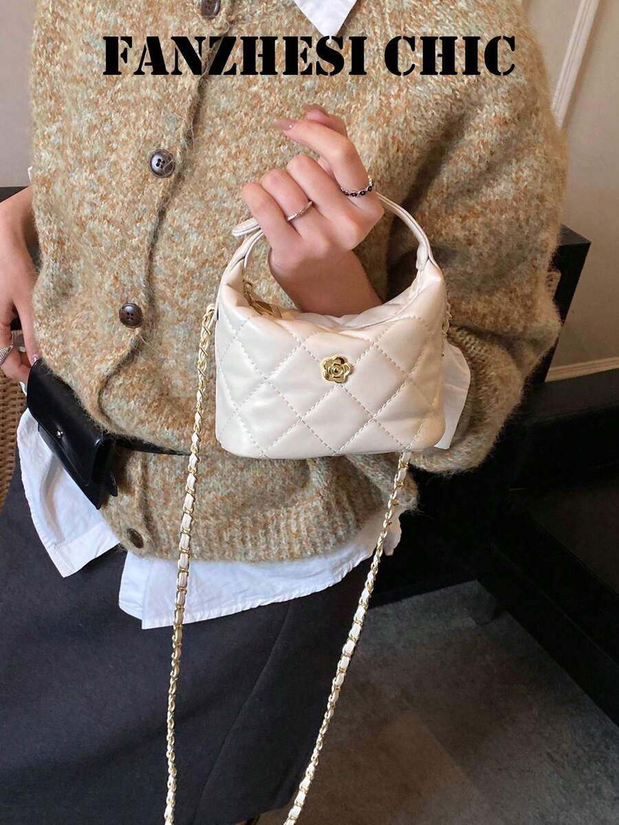 Bolsa de Mão de PU Acolchoada com Diamante Branco Puro, Fecho de Metal Redondo de Camélia, Alça de Ombro com Corrente Longa de Metal Destacável, Tecido Macio Amigável à Pele e Durável, Adequada para Estudantes Universitários, Mulheres de Escritório em Deslocamento, Compras, Encontros Noturnos, Viagens Curtas de Fim de Semana - Branco - Visão 1