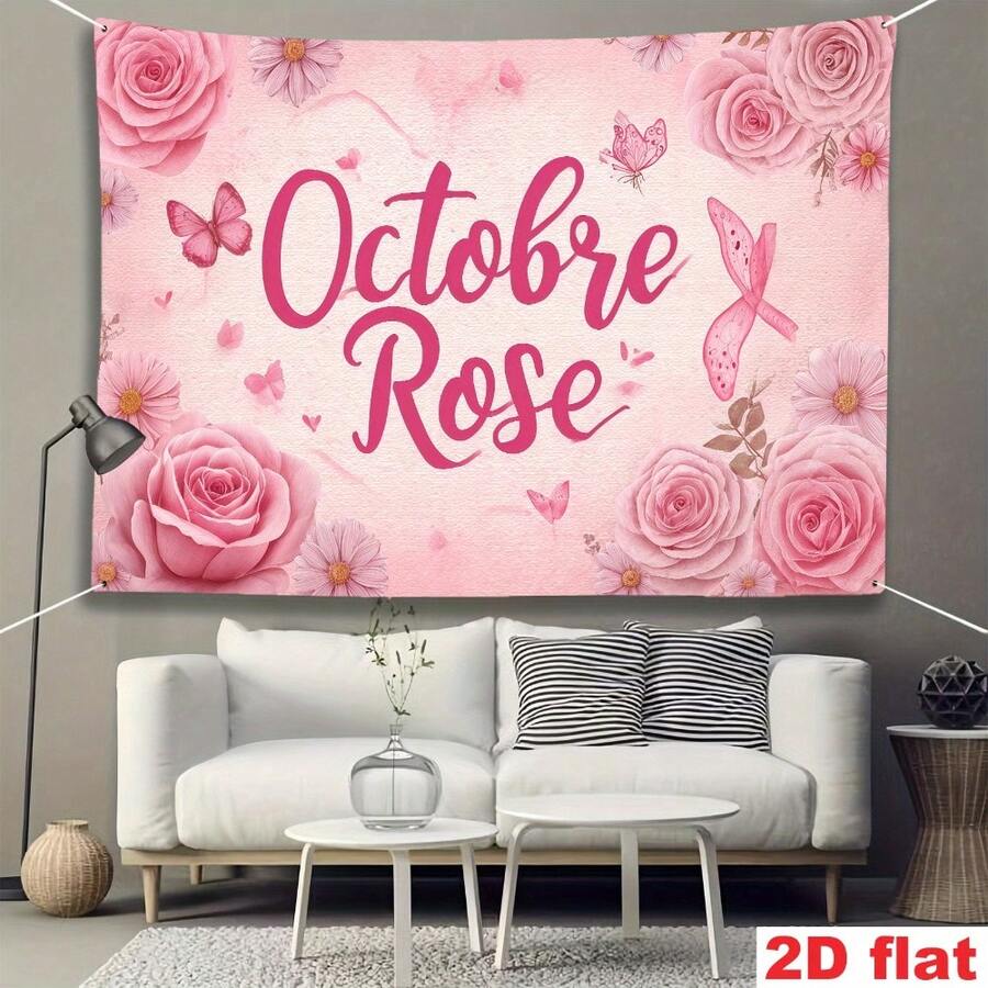 2D平面派對橫幅 1件裝 Octobre Rose 粉色十月攝影背景布 水彩玫瑰蝴蝶扇裝飾橫幅 女性健康慈善活動拍照背景 2D平面背景幕簾 - 14 - 查看 1
